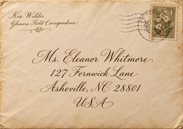An aged envelope from Kia Wilder, Glanora Field Correspondence, with a botanical stamp