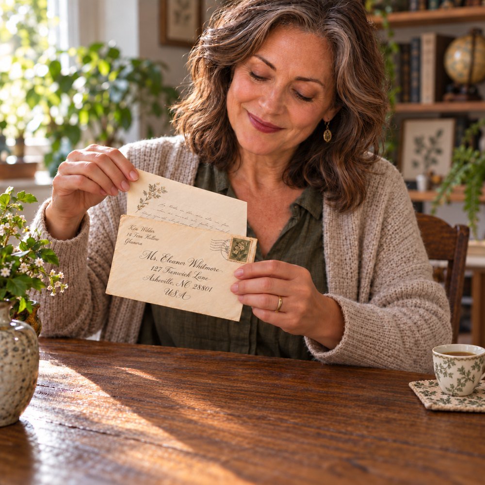 A woman at a sunlit wooden table smiling as she draws a letter from a Glanora envelope