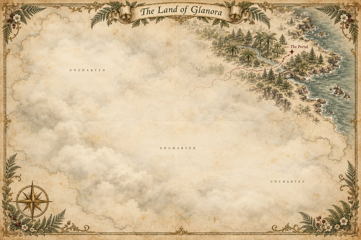 An antique map of The Land of Glanora: one corner inked with forests, a river, a stone bridge and the Portal, with a dotted route fading into uncharted fog