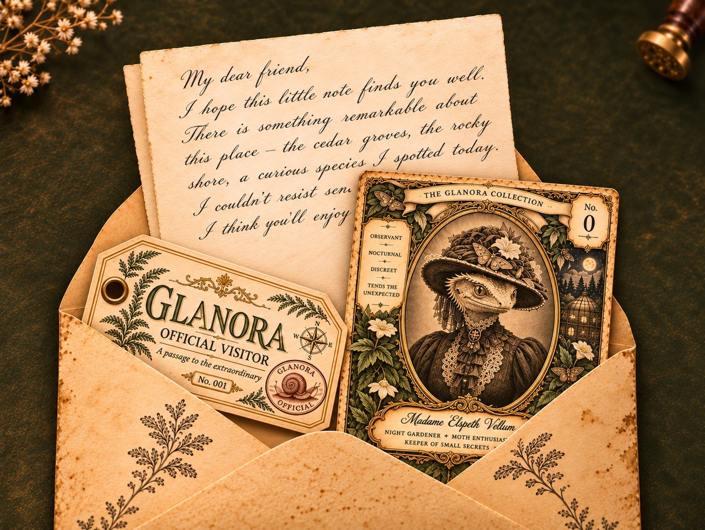A Glanora mailing on a table: an open envelope holding a handwritten letter, the Official Visitor luggage label and the Dr. Bernard Hutchings collector card, among ferns