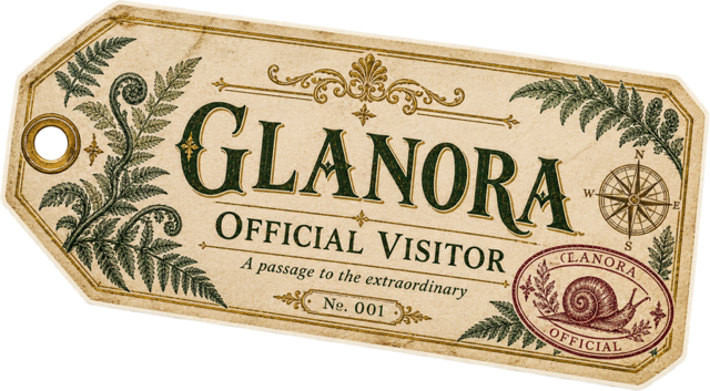 Glanora Official Visitor luggage label with ferns and a snail stamp